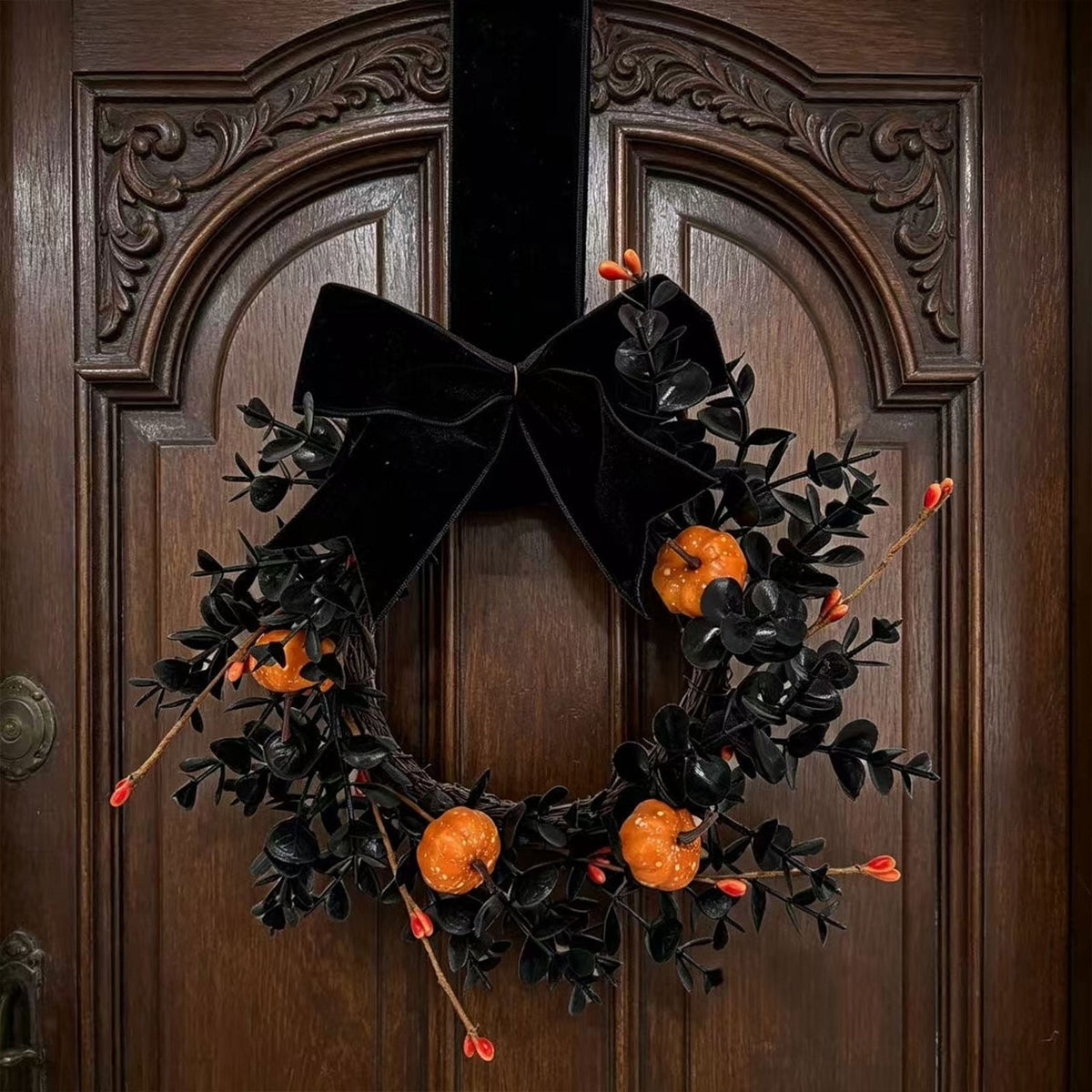 Halloween Wreath,Small Pumpkin Bow Wreaths for Front Door Kitchen Cabinet,Hanging Black Wreath for Autumn Holiday Halloween Decorations