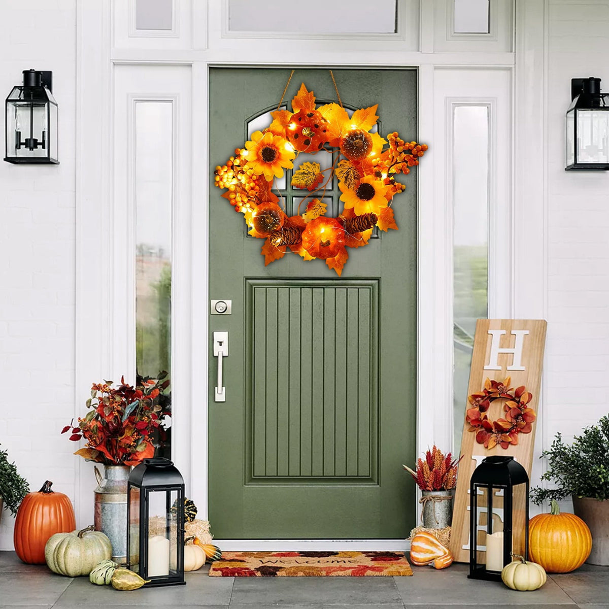 Halloween Wreath Festival Decoration Maple Leaf Pumpkin Wall Hanging Arrangement Harvests Festival Door Hanging Fall Decor for Fireplace Porch Table 11.81 in