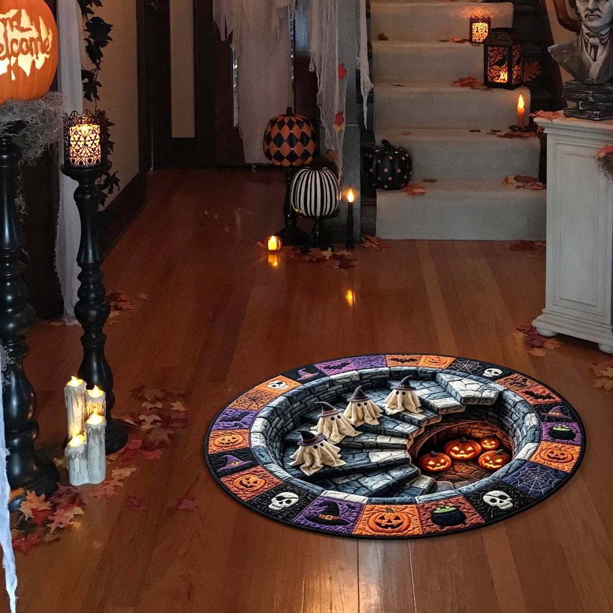 Halloween Round Rug Optical Ghost Pumpkin Mat 15.75in Diameter Polyester Skidproof & Soft for Entryway Bedroom Party by MPOISVA