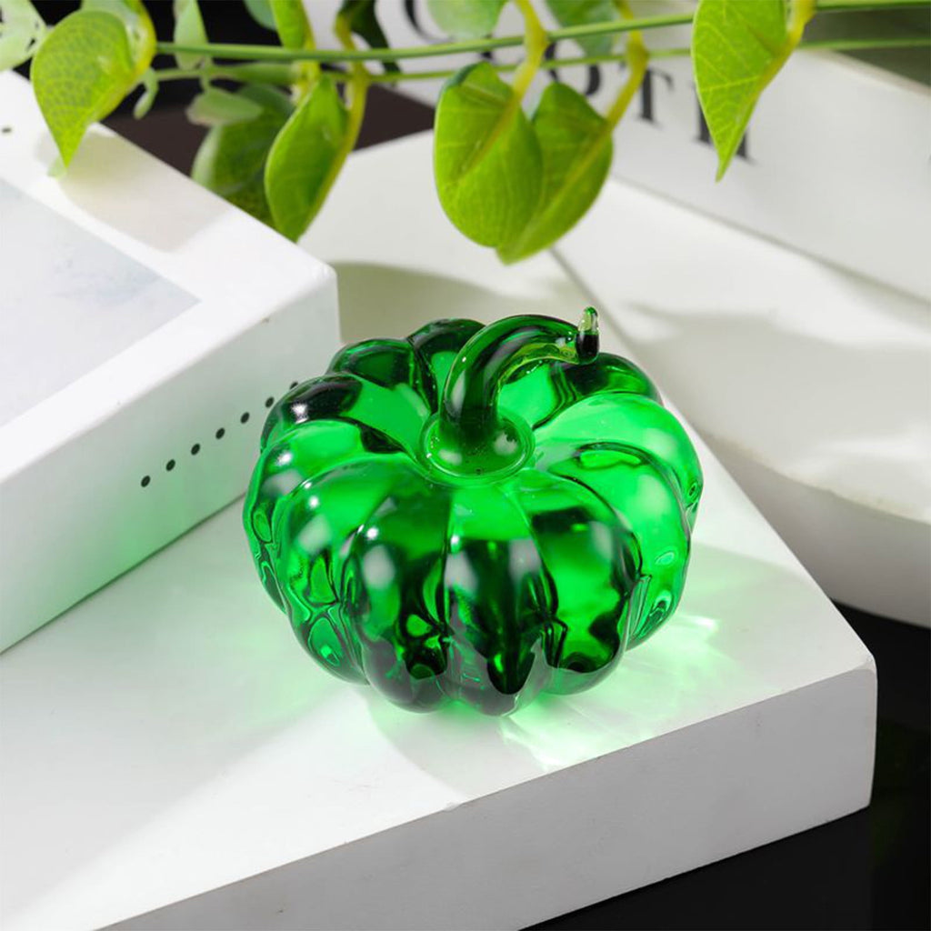 Fall Decor Mini Blue Hand Blown Glass Pumpkin Figurine Transparent Crystal Pumpkin with Green Stem Art Glass Fruit Tabletop Decor for Home Office Shelf Thanksgiving Halloween Gift