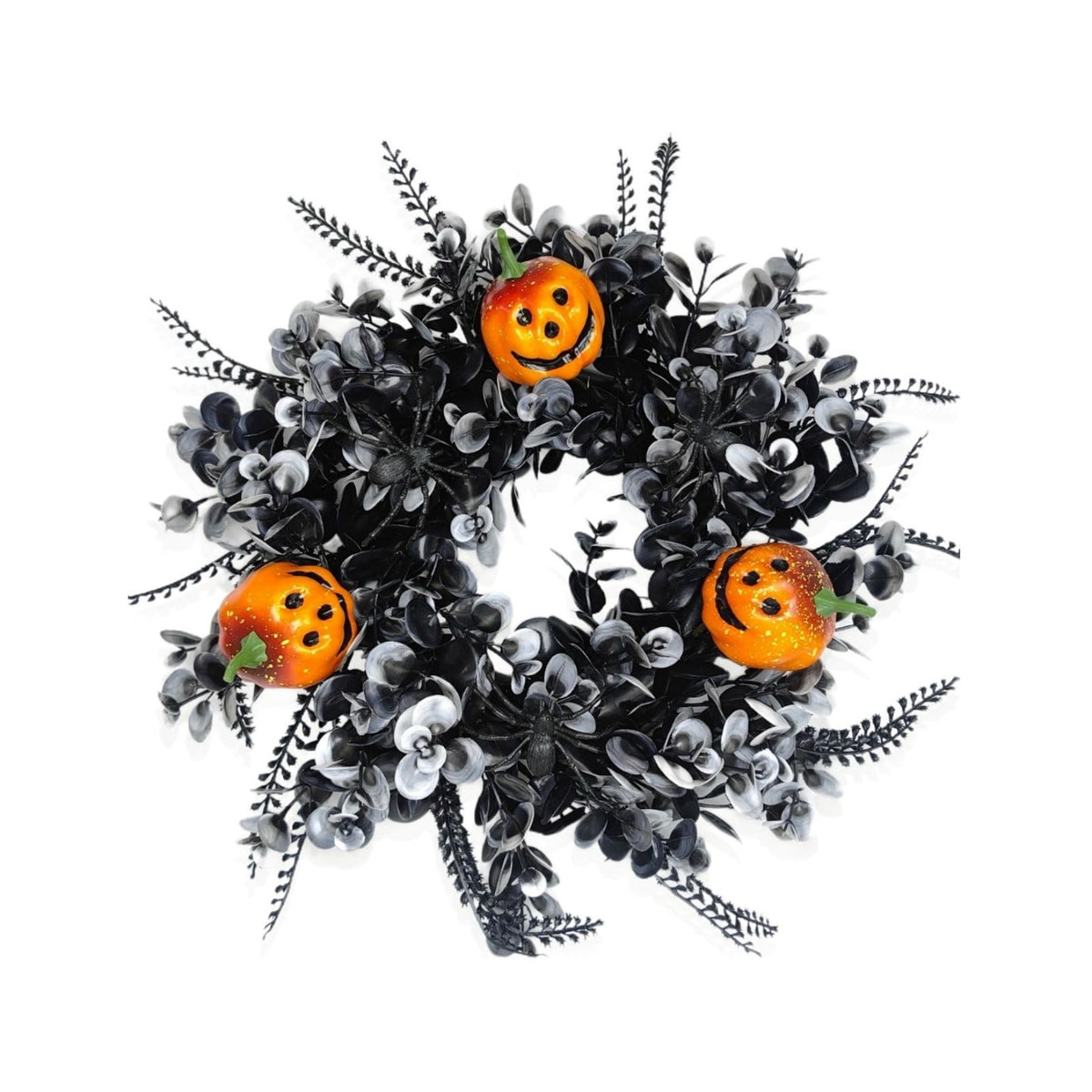 12 Inch Black Eucalyptus Halloween Wreath, Artificial Floral Door Wreath with Pumpkin Cutouts for Front Porch Indoor Door Halloween Party Gothic Home Decor