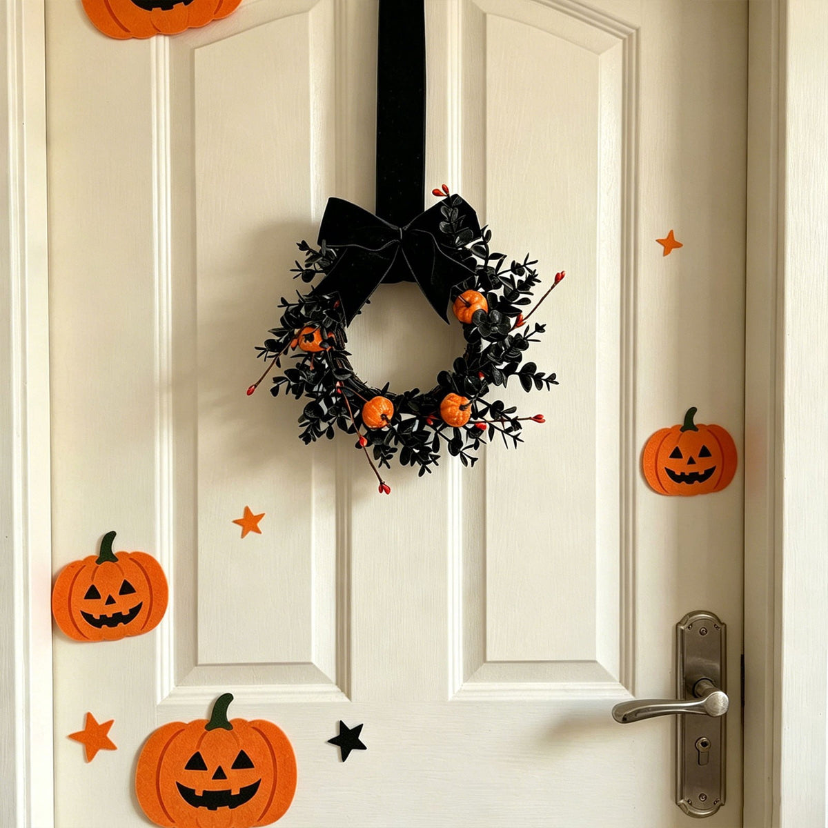 Halloween Wreath,Small Pumpkin Bow Wreaths for Front Door Kitchen Cabinet,Hanging Black Wreath for Autumn Holiday Halloween Decorations
