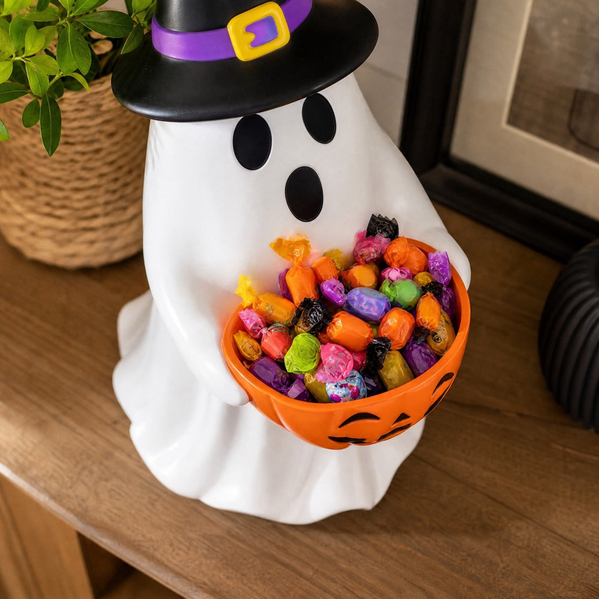 Halloween Decoration Ghost Figurine 11in Resin Ghost Statues with Pumpkin Candy Bowl for Outdoor Indoor Front Door, Porch Yard Lawn Party Decor