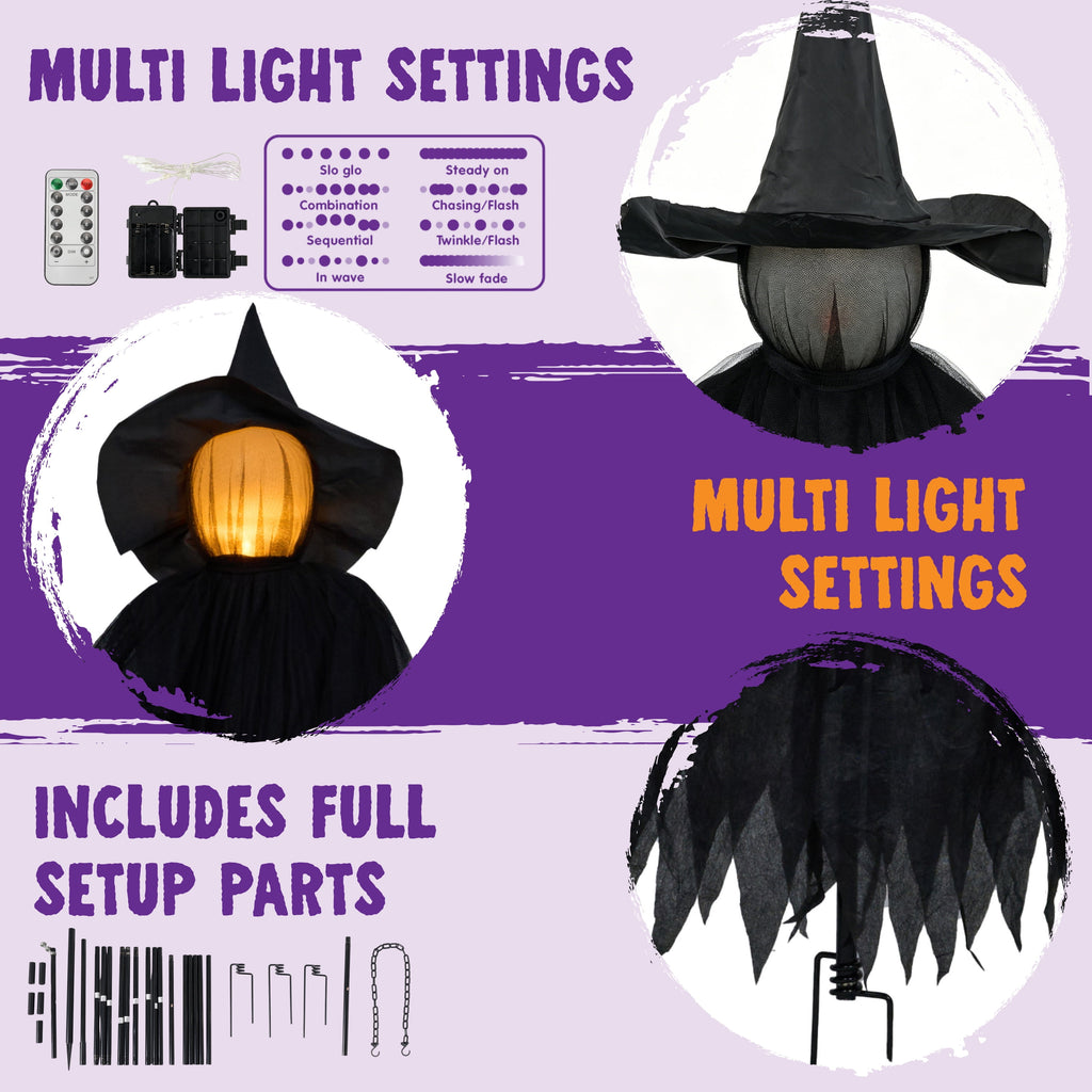 Joyfy 3 Pack Witches Halloween Decorations Outdoor, 51" Sound Activated Light Up Flying Witch Stakes with Color Changing Face & Creepy Sound, Life Size Halloween Props for Lawn Grave Party