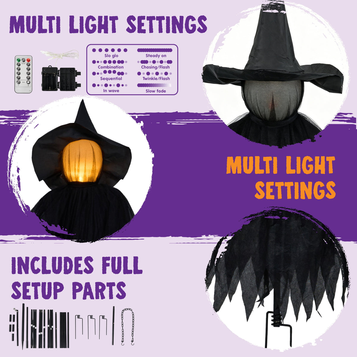 Joyfy 3 Pack Witches Halloween Decorations Outdoor, 51" Sound Activated Light Up Flying Witch Stakes with Color Changing Face & Creepy Sound, Life Size Halloween Props for Lawn Grave Party
