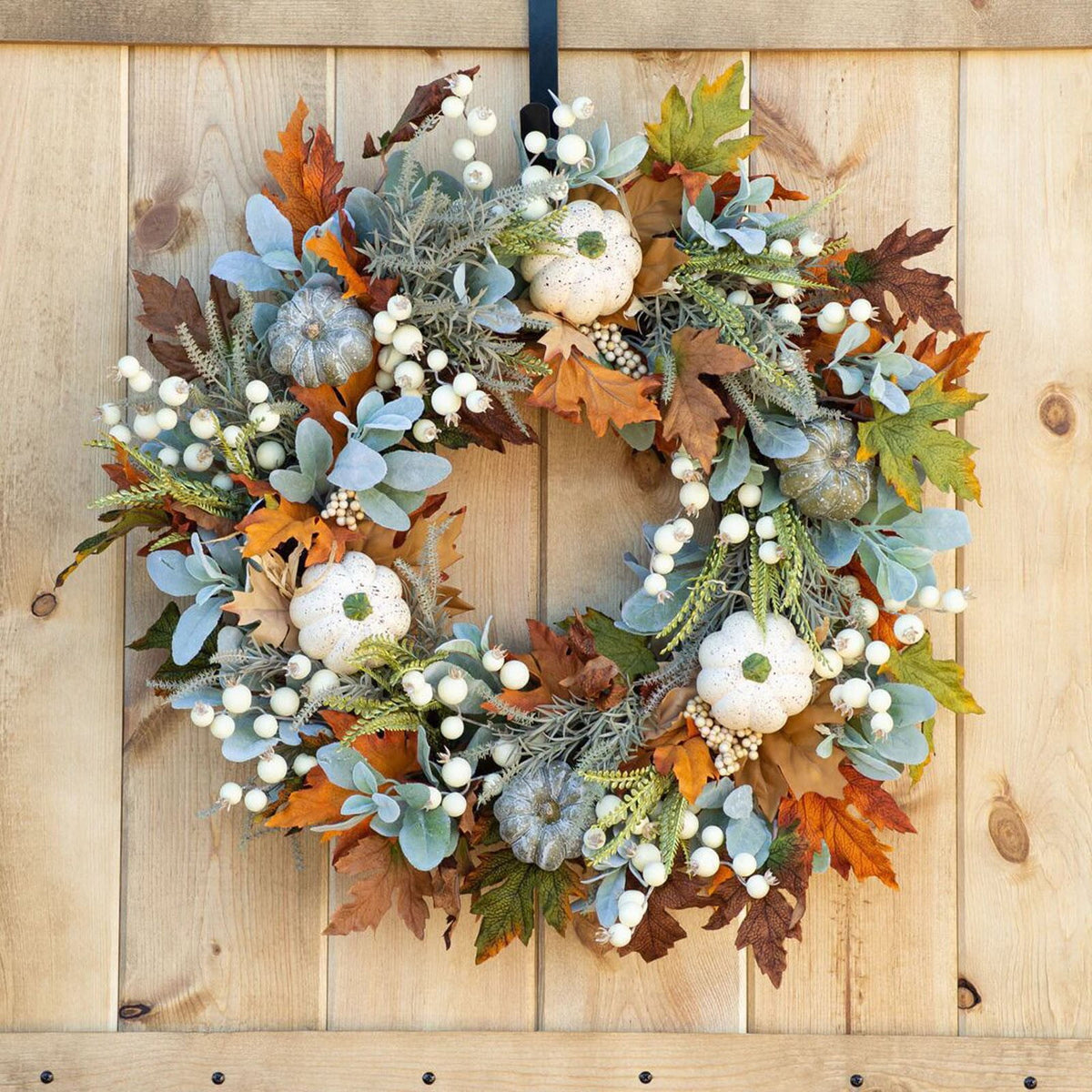 Harliver 13.77 inch Wreath Fall Maple Leaves Wreath for Front Door Rustic Autumn Wreath with Pumpkin,Rose,Berry Branchesm, Thanksgiving Wreath Fall Door Wreath for Halloween Thanksgiving Decor