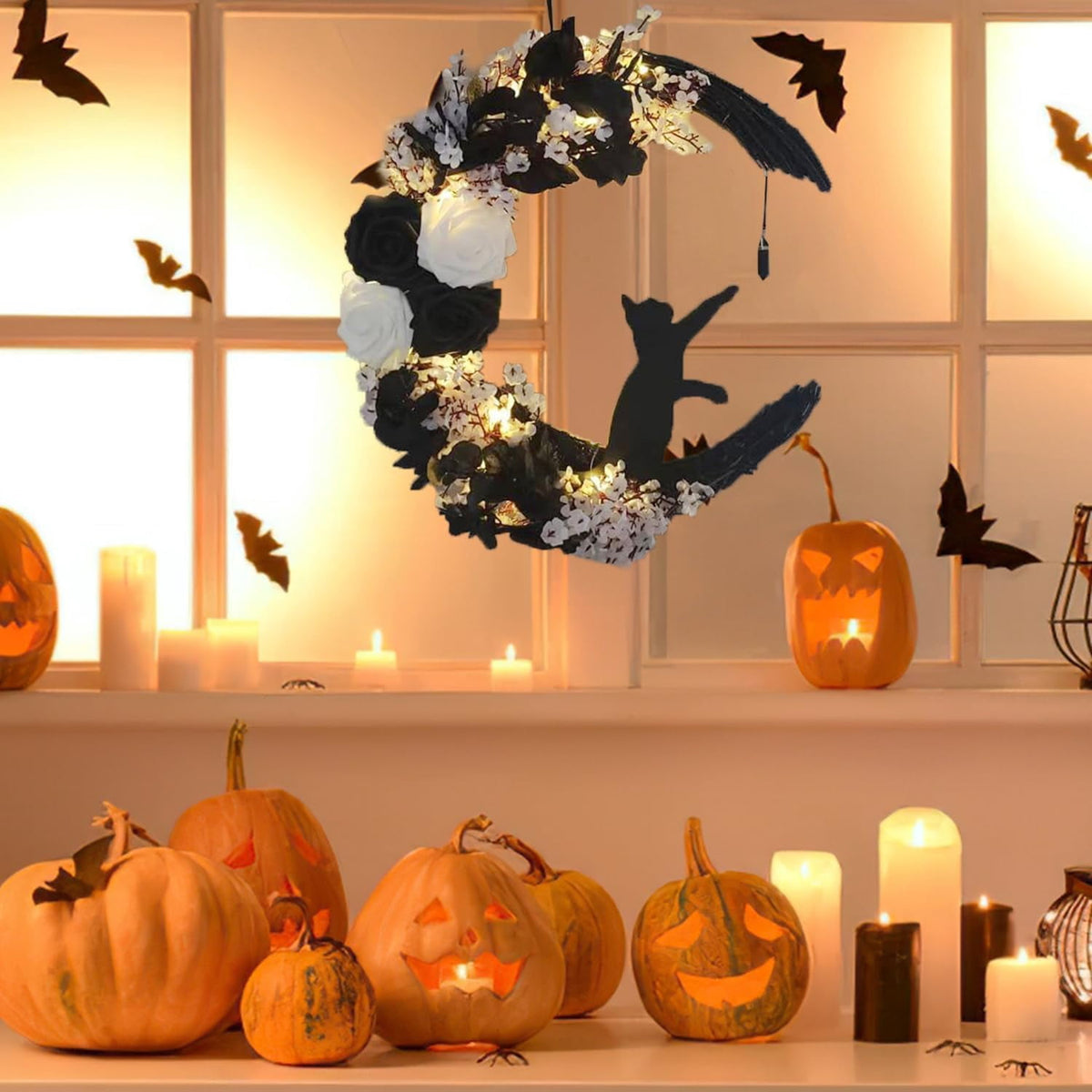 Halloween Moon Wreaths for Front Door, Black Cat on Moon Wreath Halloween Decor, Spooky Halloween Decorations Crescent Moon Wreath for Home Party Window Wall Indoor Outdoor