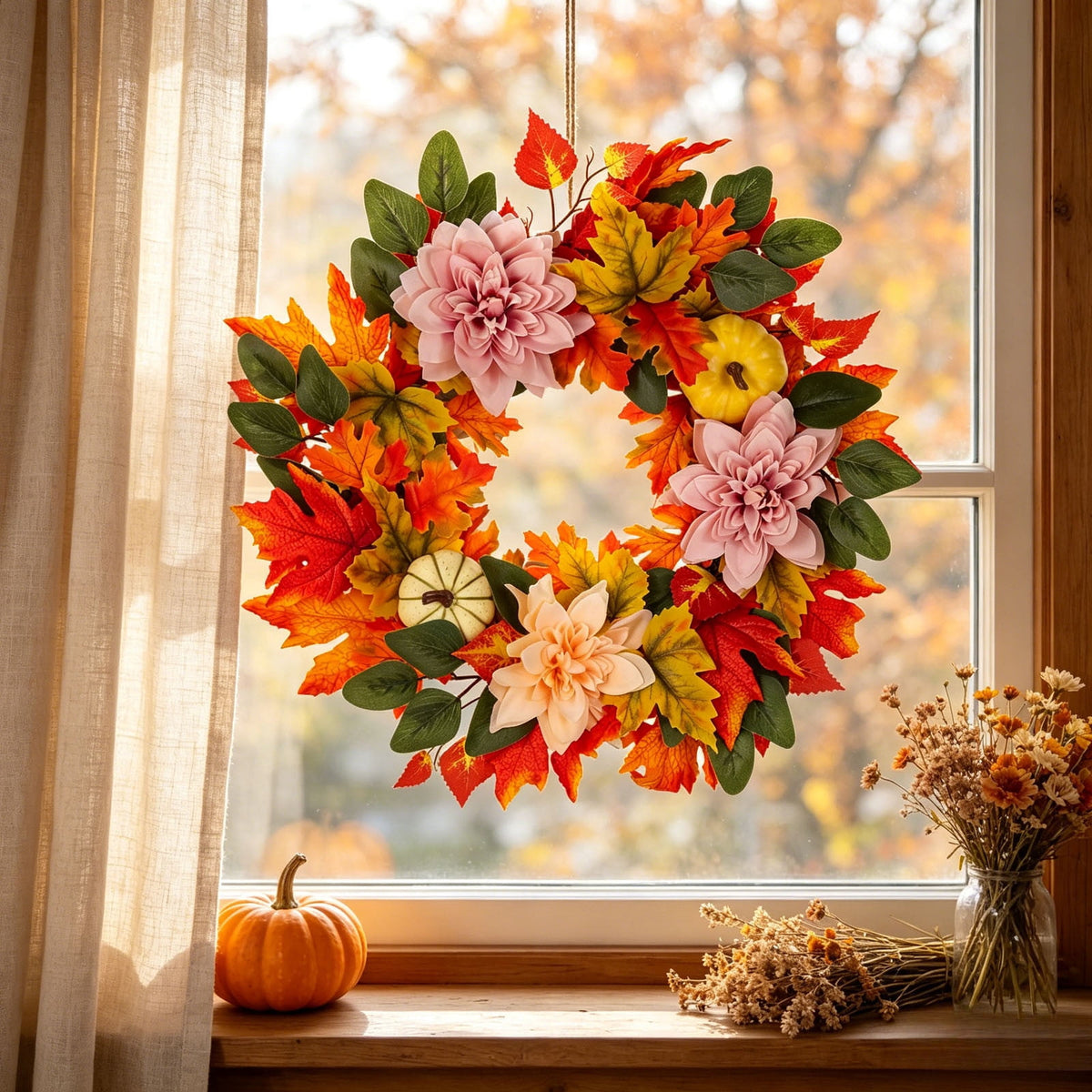ICQOVD Halloween Pumpkin Maple Leaf Wreath with Skeleton Ornament Orange Black Bow Front Door Hanging Fall Home Decoration 15.75*15.75*3.15IN