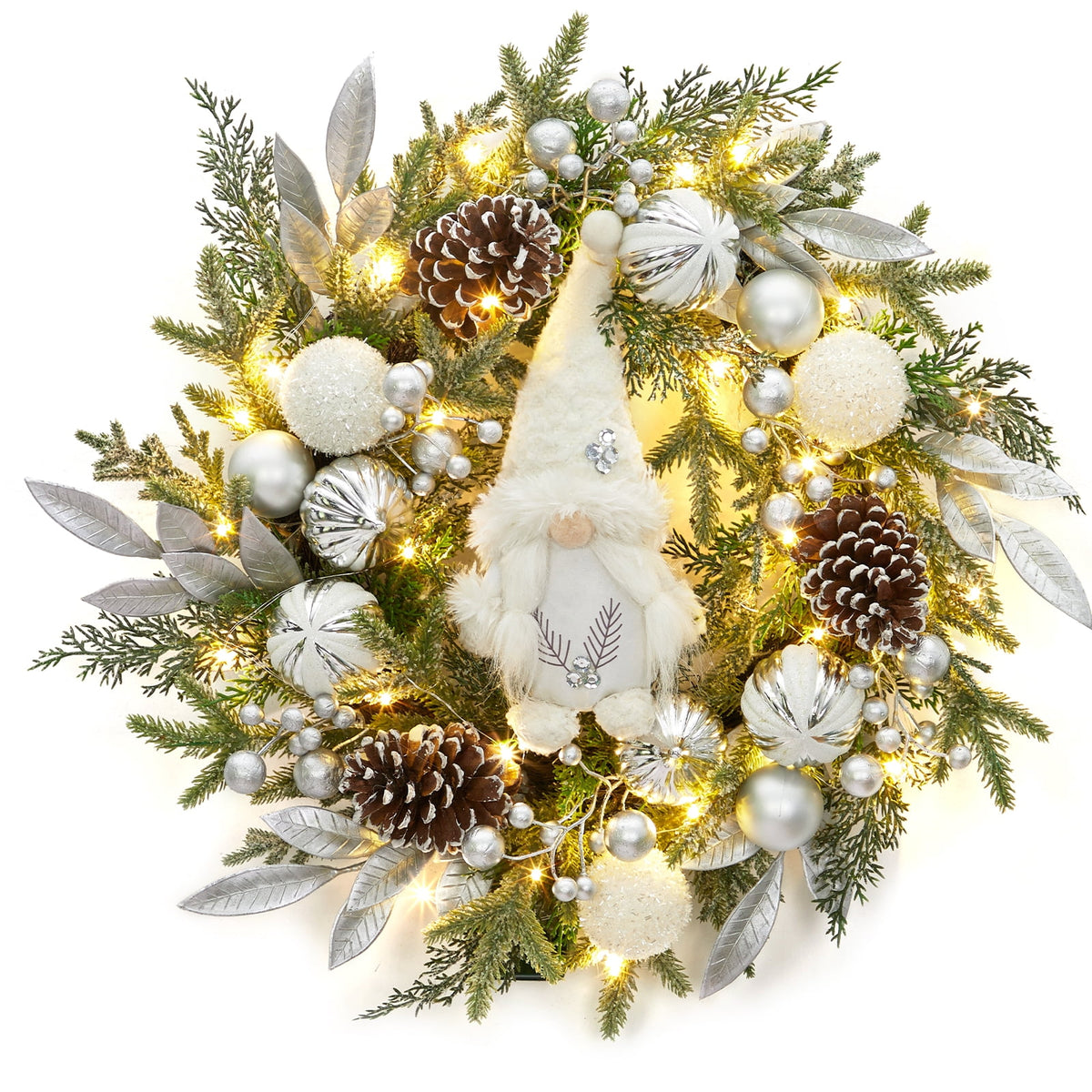 JoanKaren 24 inch Large Christmas Wreath Silver White with 20 LED Lights,Prelit Xmas Wreath w/ Ball Ornaments Pine Cone