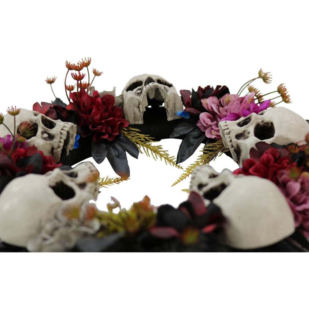 Haunted Hill Farm 24 in Hanging Wreath with Skulls, Fall Flowers, and Vines, Indoor/Covered Outdoor Halloween Props Decoration, HHWTHSKL-2