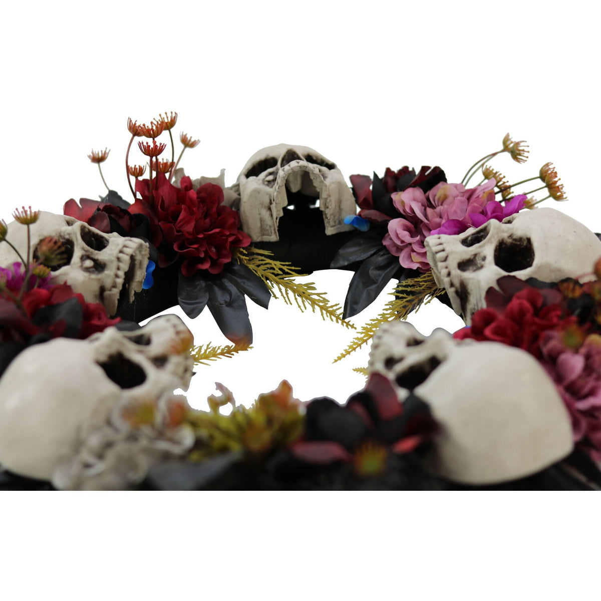 Haunted Hill Farm 24 in Hanging Wreath with Skulls, Fall Flowers, and Vines, Indoor/Covered Outdoor Halloween Props Decoration, HHWTHSKL-2