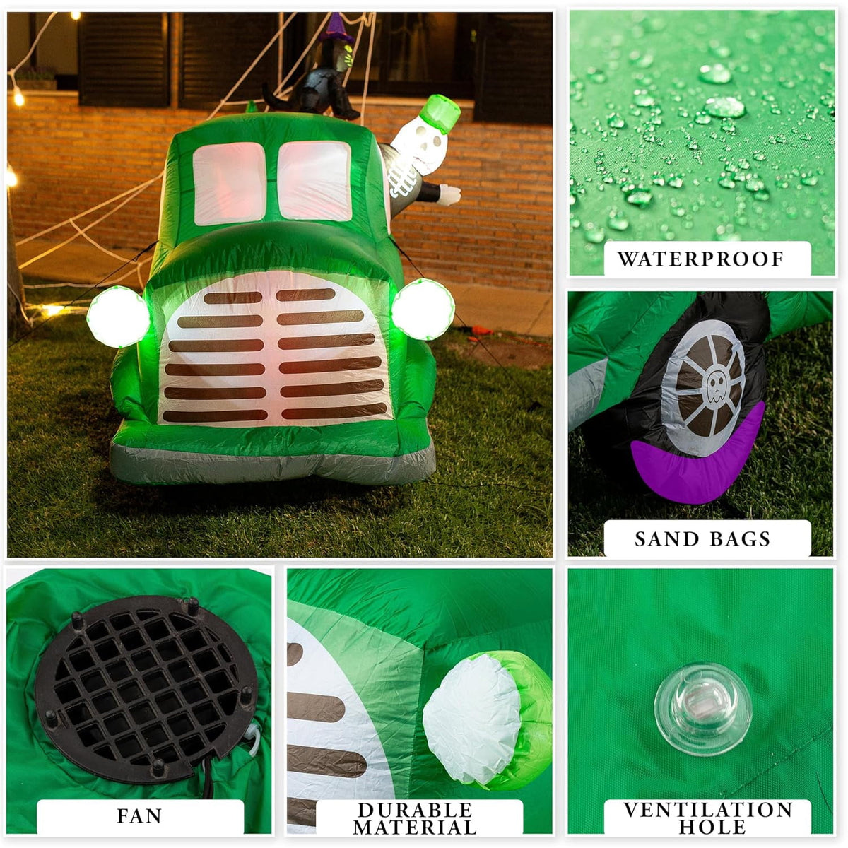 Zone Tech 7.5Ft Long Inflatable Ghost Car LED Lights Decor Halloween Outdoor Indoor Holiday Decorations : Giant Lawn Inflatable Garden Party Decoration and Halloween Blow up Green Car Yard Décor