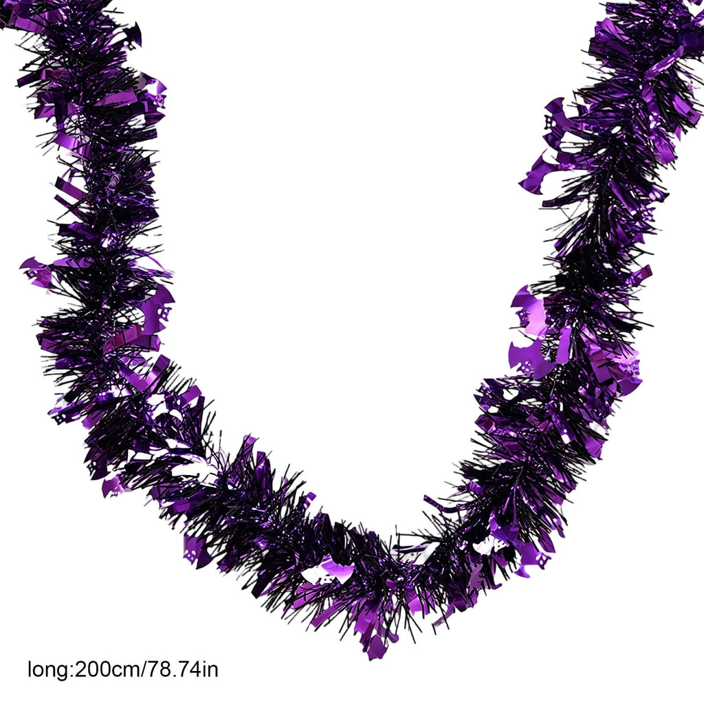 CuiLiyq Halloween Tinsel Garland, 78.7 Inch Black Purple Silver Foil with Bats and Ghosts, Party Decor for Mantel, Staircase, Doorway
