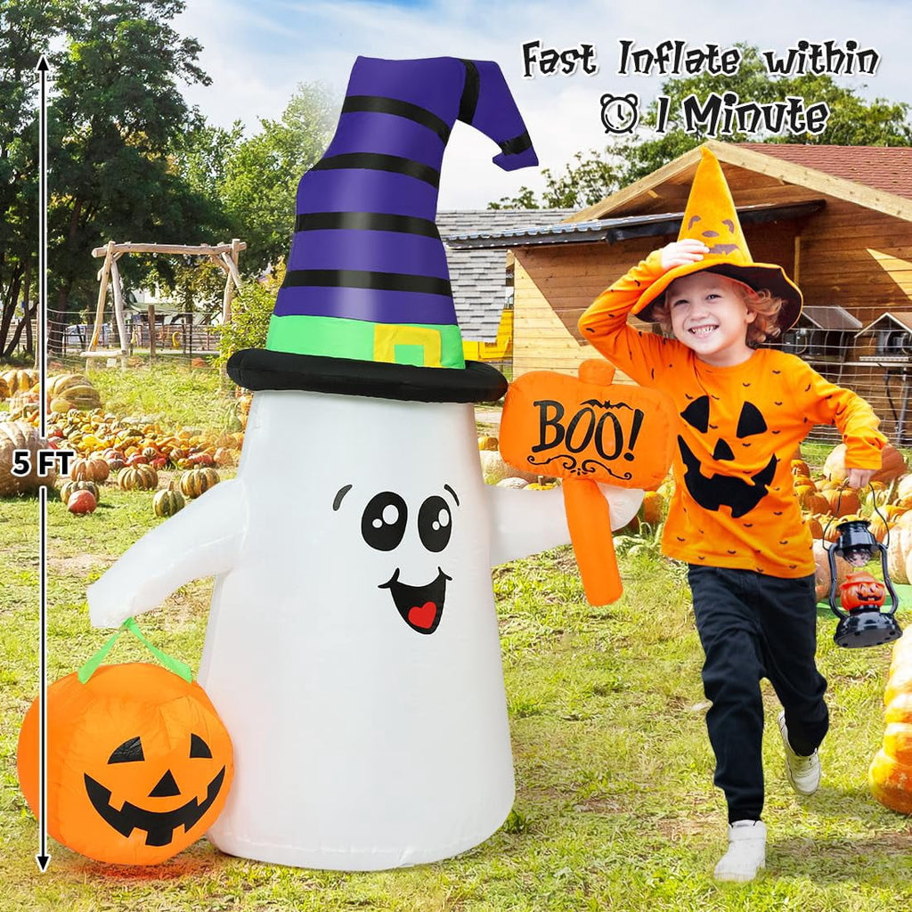 GOOSH Halloween Inflatable 5 FT Blow Up Ghost Inflatable with Pumpkin, Halloween Inflatables Ghost Cute Outdoor Ghost Decorations, Halloween Blow Up Decorations Clearance for Holiday/Garden/Lawn