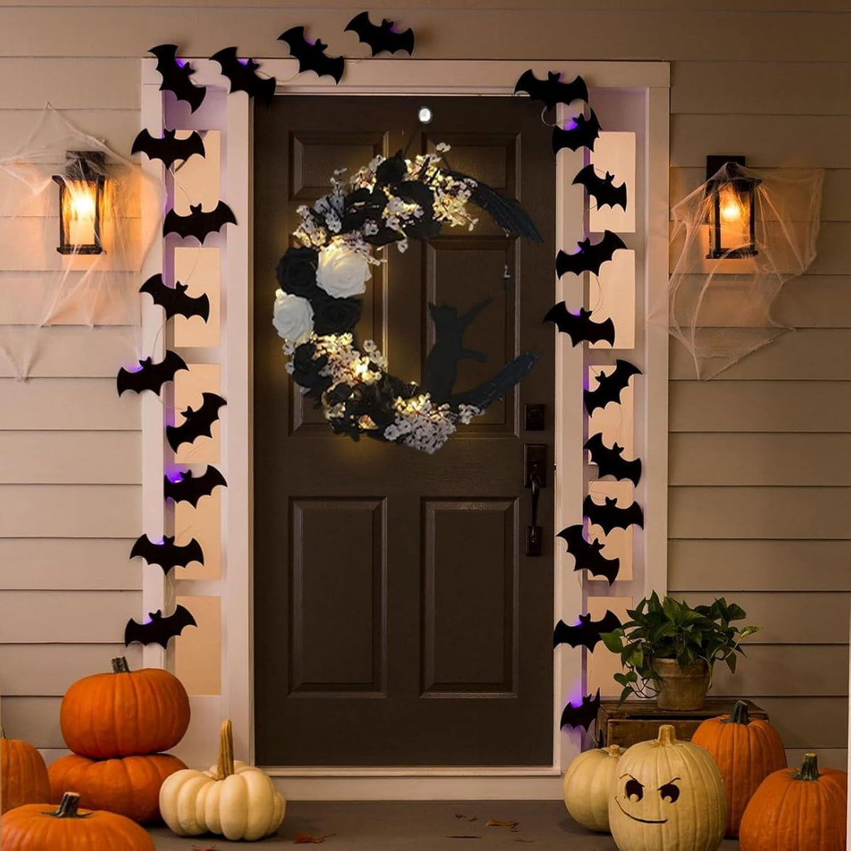 Halloween Moon Wreaths for Front Door, Black Cat on Moon Wreath Halloween Decor, Spooky Halloween Decorations Crescent Moon Wreath for Home Party Window Wall Indoor Outdoor
