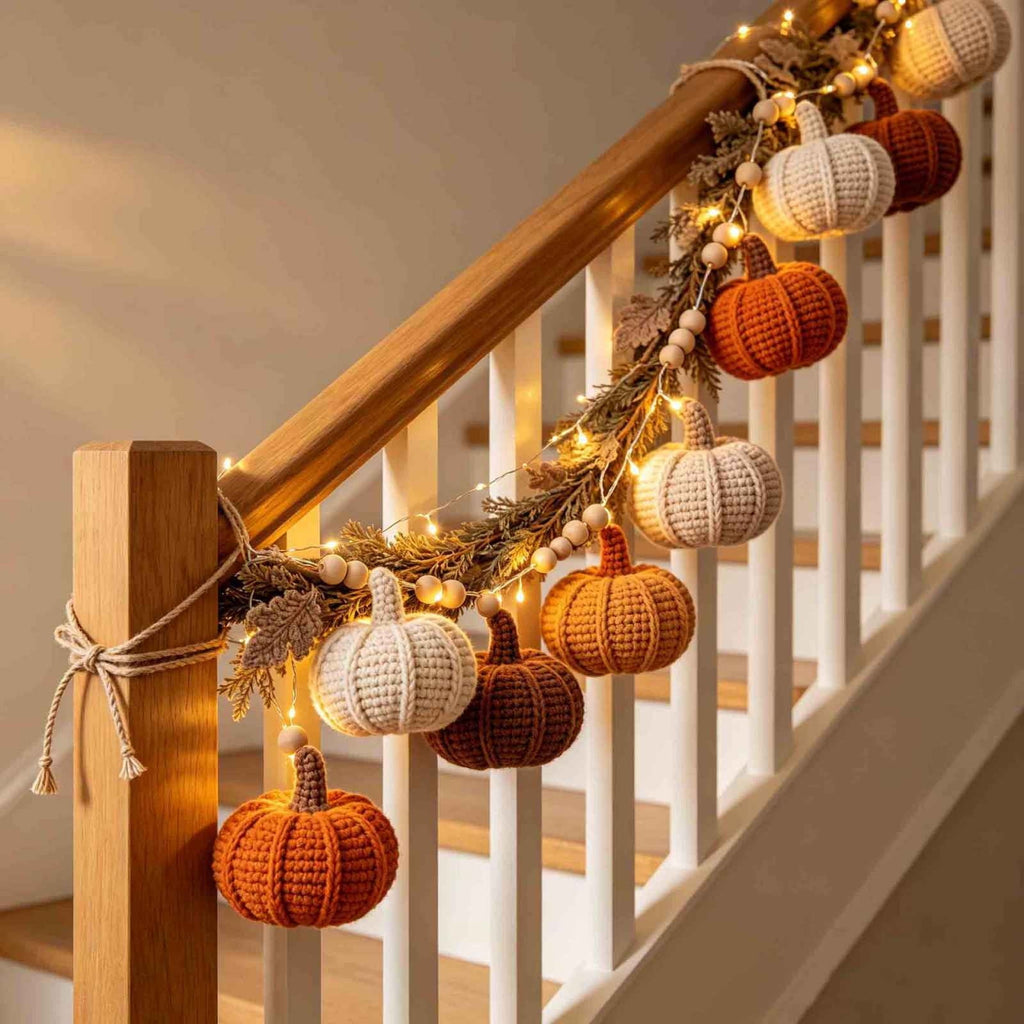 MYUNNIL Fall Knitted Pumpkin String Light Wreath, Handmade Woven Orange White Pumpkin Shaped Harvest Home Decor Light Garland, Farmhouse Seasonal Festive Hanging Decoration for Halloween & Christmas