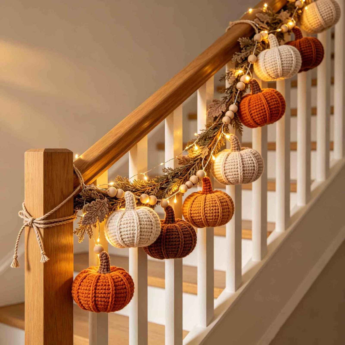 MYUNNIL Fall Knitted Pumpkin String Light Wreath, Handmade Woven Orange White Pumpkin Shaped Harvest Home Decor Light Garland, Farmhouse Seasonal Festive Hanging Decoration for Halloween & Christmas