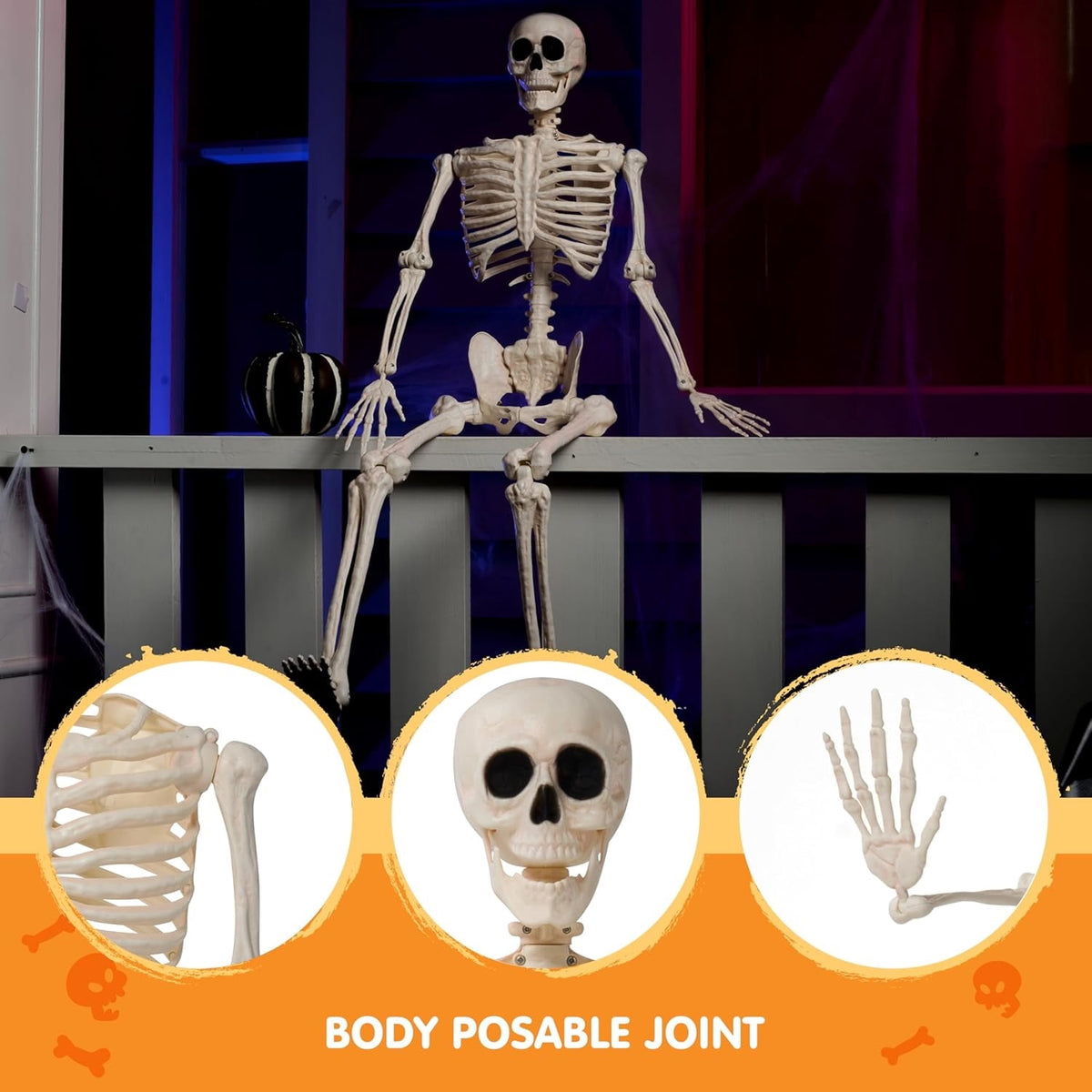 Joyfy 2 Pcs 24 Inch Halloween Skeleton Decor,2 FT Posable Skeleton Halloween Prop for Haunted House Indoor Outdoor Decoration Spooky Decor,Full Body with Movable Joints for Halloween Decoration