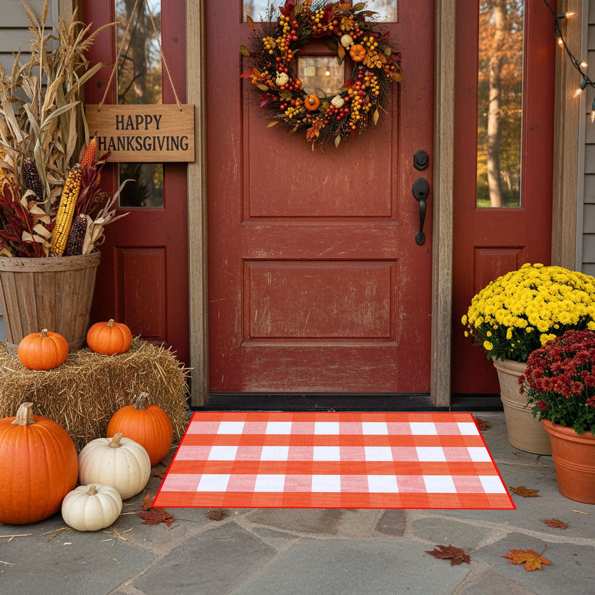 Halloween Fall Outdoor Rug Plaid Rug Foldable Floor Mat for Thanksgiving Front Door Front Porch Farmhouse Entryway Patio Decoration