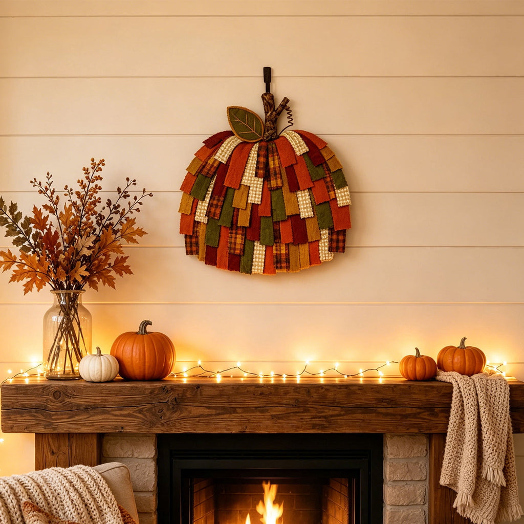Patchwork Pumpkin Door Hanger Fall Layered Fabric Front Door Wreath Farmhouse Autumn Wall Hanging Decor for Home Porch Courtyard Harvest Festival Thanksgiving Halloween