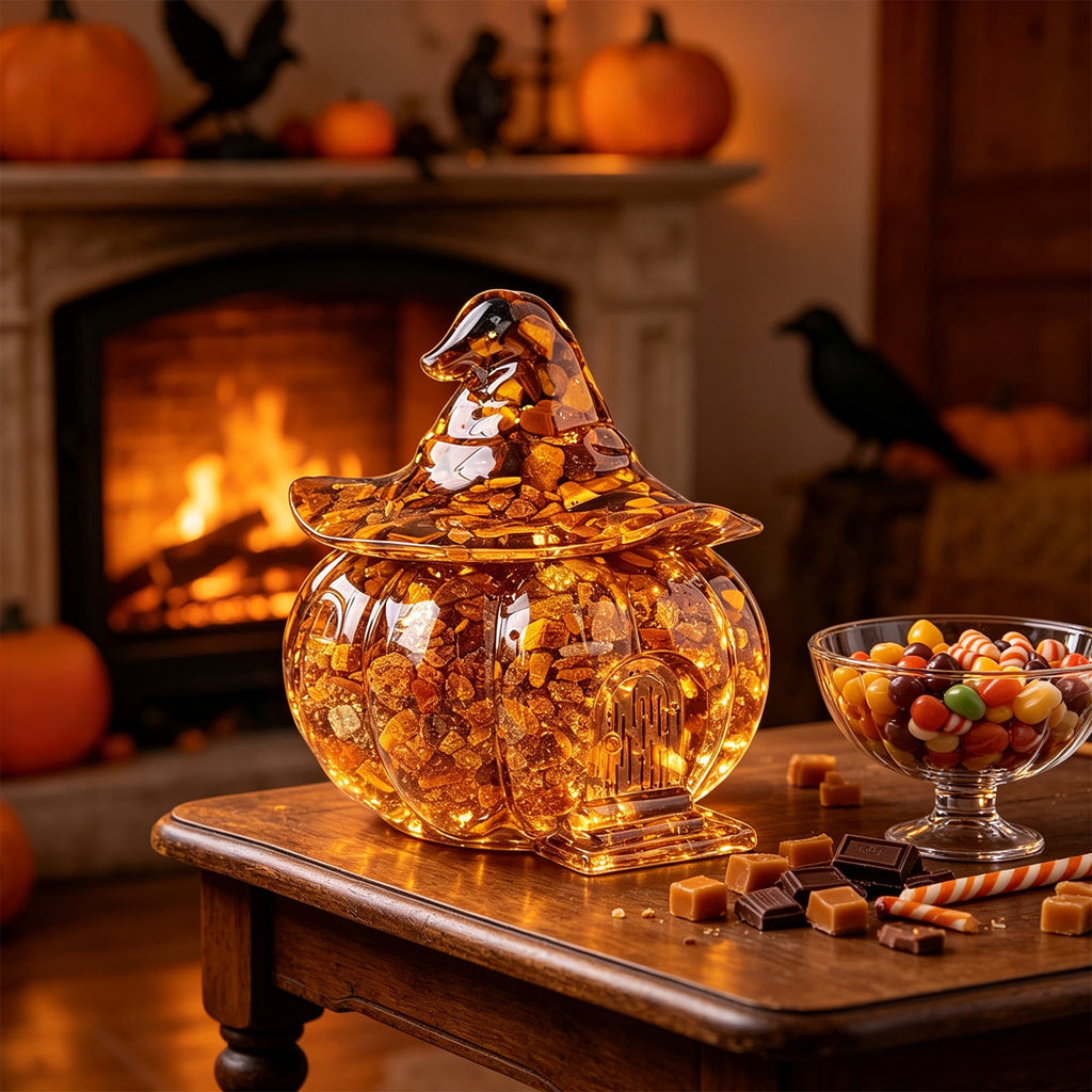 Halloween Pumpkin Candy Bowl with Lid, Decorative Plastic Treat Jar with Crushed Stone Look for Candy Serving and Seasonal Table Display, Reusable Spooky Home Accent, Home Decor, Brown