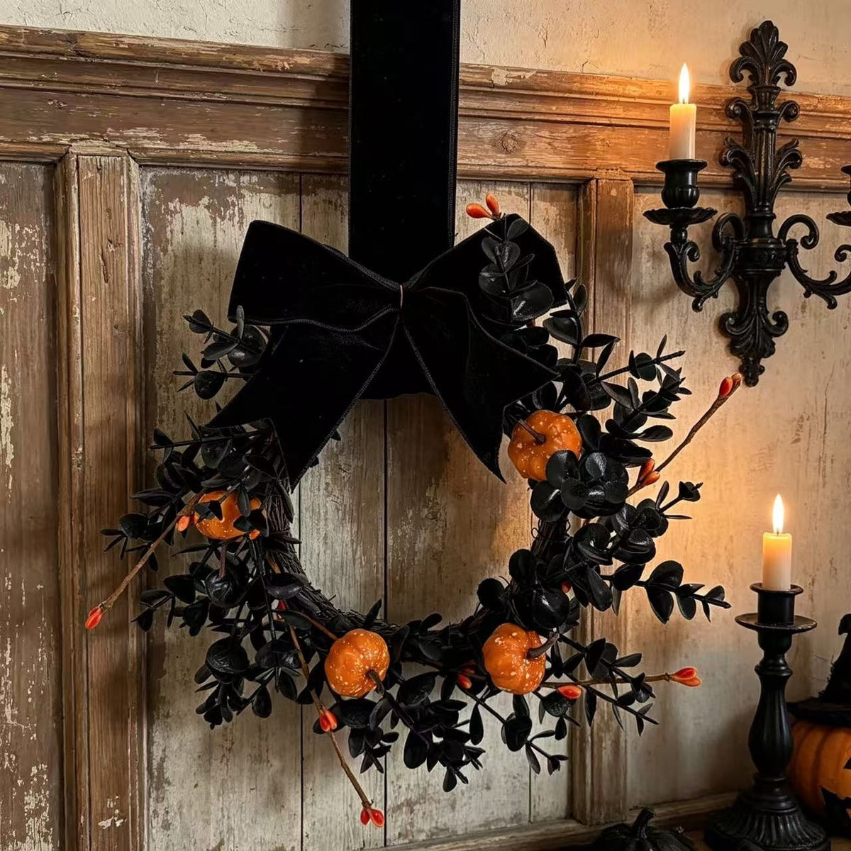 XEAZON 1/2/4 Pcs Halloween Wreaths 9" Artificial Hallowee Wall Cabinet Decor Mini Wreath with Pumpkin and Velvet Bow, Gothic Kitchen Cabinet Wreaths for Front Door Cabinets Window Wall Holiday Decor