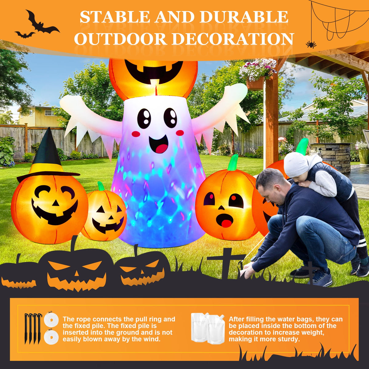 Yexmas 9.4ft Halloween Inflatable Pumpkins Outdoor Decor with Black Cat Tombstone and Spectre,360° Rotating Colorful LED Lights,for Halloween Party,Yard,Garden,Lawn