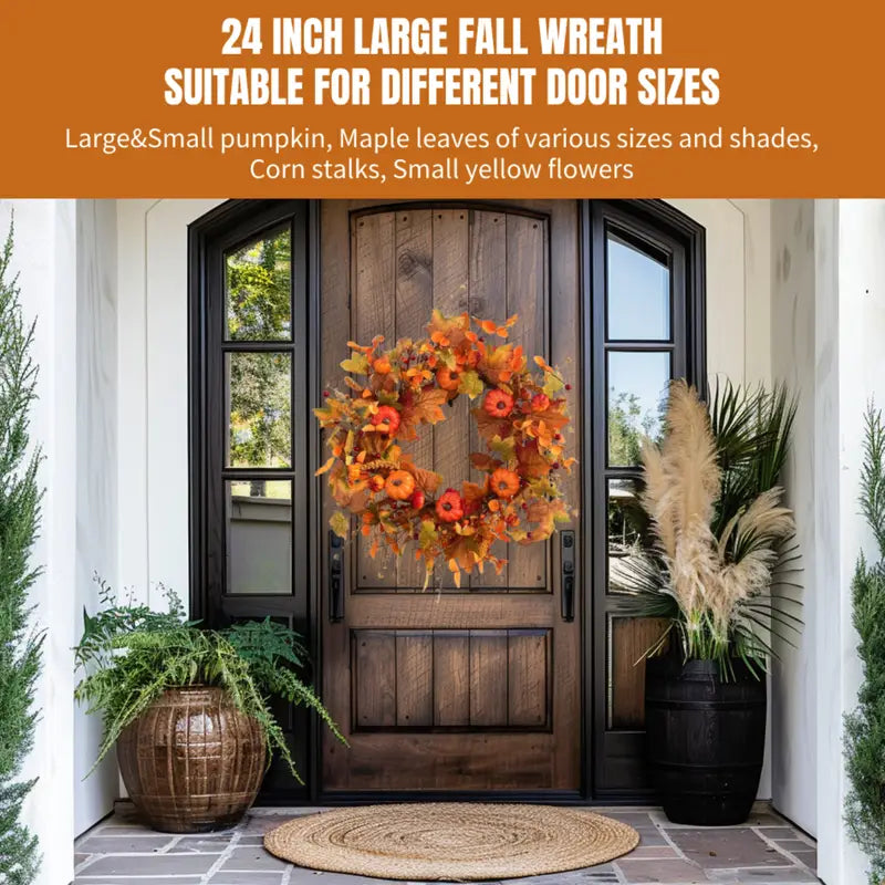 Fall Wreath Pumpkin Wreath for Front Door with Maple Leaves Harvest Wreath for Door Window Porch Thanksgiving Halloween Decor