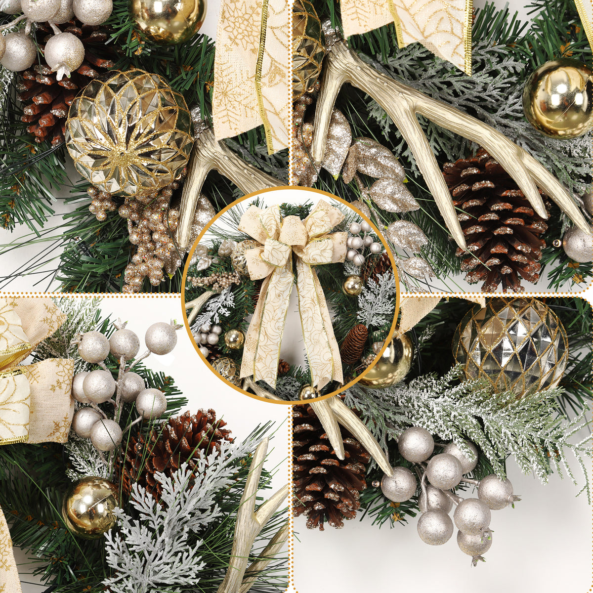 JoanKaren 24 inch Large Christmas Wreath Silver White with 20 LED Lights,Prelit Xmas Wreath w/ Ball Ornaments Pine Cone