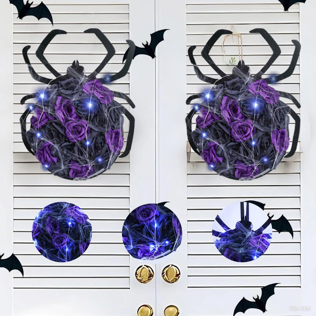 XEAZON Halloween Spider Decorations with Cobweb,Artificial Purple Rose Flower Spider Wreath for Front Door Hanging Decor,Halloween Party Indoor Outdoor Decor Hanger,Halloween Accessories with Lights