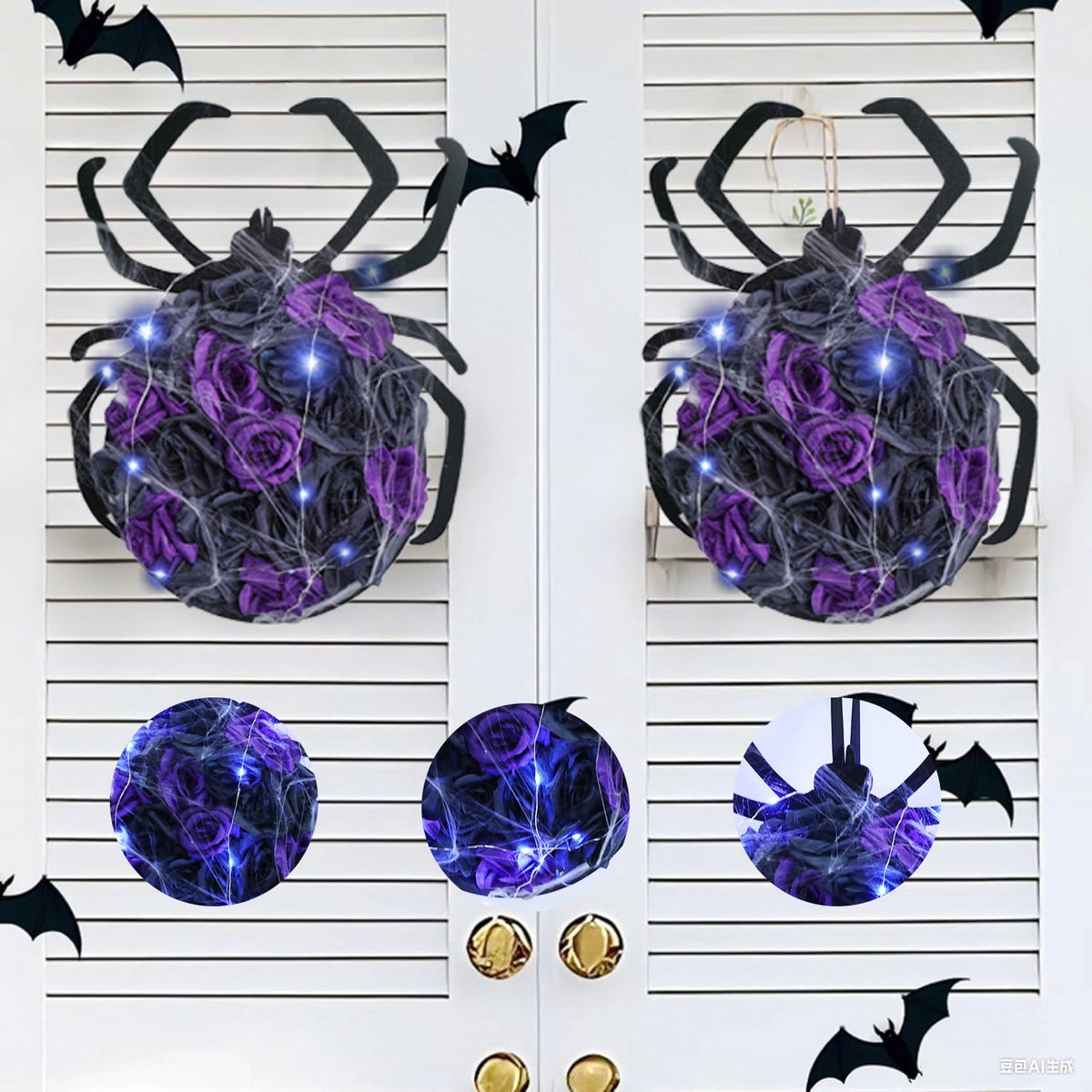 XEAZON Halloween Spider Decorations with Cobweb,Artificial Purple Rose Flower Spider Wreath for Front Door Hanging Decor,Halloween Party Indoor Outdoor Decor Hanger,Halloween Accessories with Lights