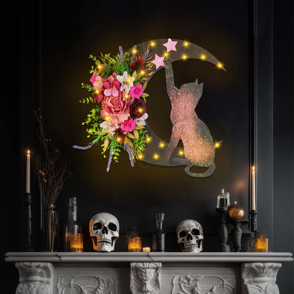 STYZIGZZ 14" Halloween Wreath for Front Door,Moon Cat Halloween Wreaths with Rose,Hanging Floor Door Decoration for Home Party Indoor Outdoor