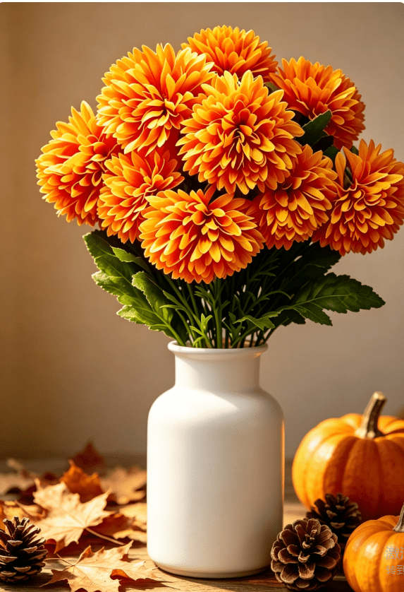 1Pack Faux Fall Mums for Outside Artificial Mums Outdoor Clearance Chrysanthemum Bush Silk - Orange Fall Decorations for Home Fall Wedding Flowers