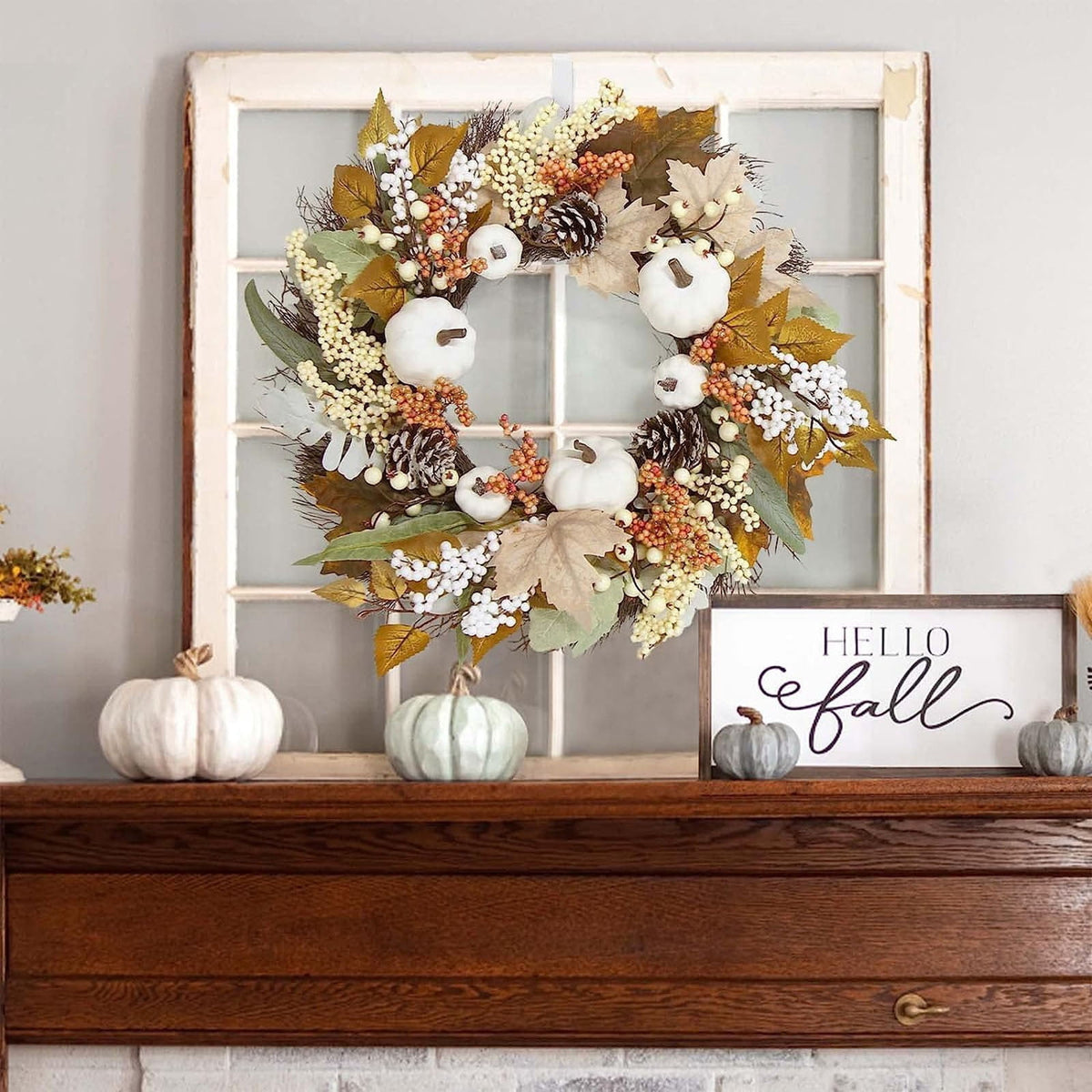 Autumn Wreath 14 Inch Fall Decor for Home Front Door with Artificial Maple Leaf Pumpkin Berry Pinecone Harvest Thanksgiving Halloween Farmhouse Seasonal Decorations Indoor Outdoor,