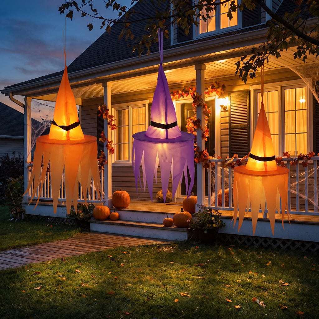 Light-Up Hanging Witch Hat Decorations, Orange and Purple, 6", 3 Count, Halloween by Way To Celebrate