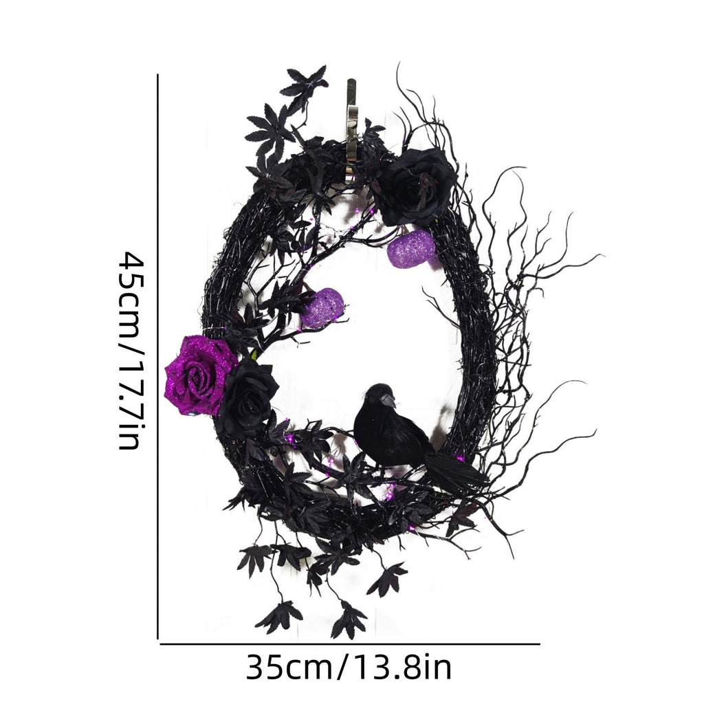 HHJZPR LED Purple Light Black Twig Halloween Wreath, 17.7×13.8in Gothic Oval Door Wreath with Black Crow Purple Glitter Roses Pumpkins, Spooky Front Porch Wall Hanging Decor