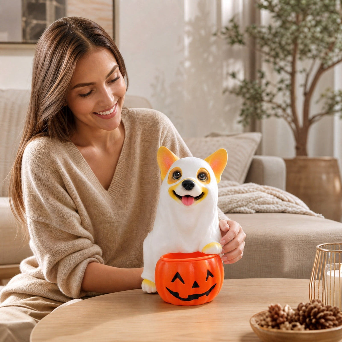 Diceymbol Halloween Pumpkin Snack Bowl Stand Collapsible Broomstick Candy Tray for Cupcakes & Desserts, Resin Serving Platter with Ceramic Pumpkin Bowls