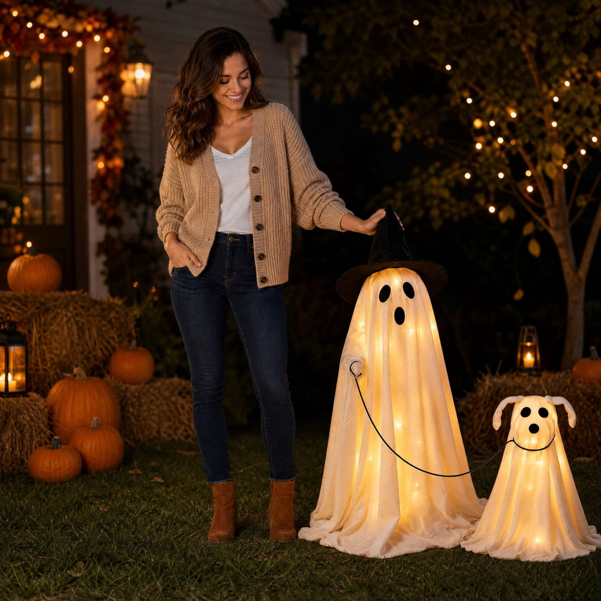 Lighted Halloween Ghost Candy Bowl, Cute LED Ghost Holding Pumpkin Candy Bucket for Trick or Treat, Outdoor Halloween Decorations for Front Porch, Indoor Yard Patio Halloween Decor