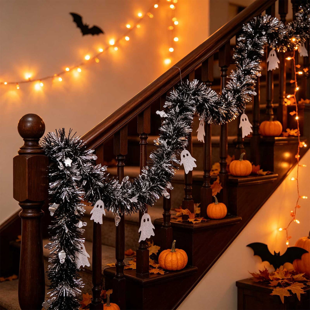 CuiLiyq Halloween Tinsel Garland, 78.7 Inch Black Purple Silver Foil with Bats and Ghosts, Party Decor for Mantel, Staircase, Doorway