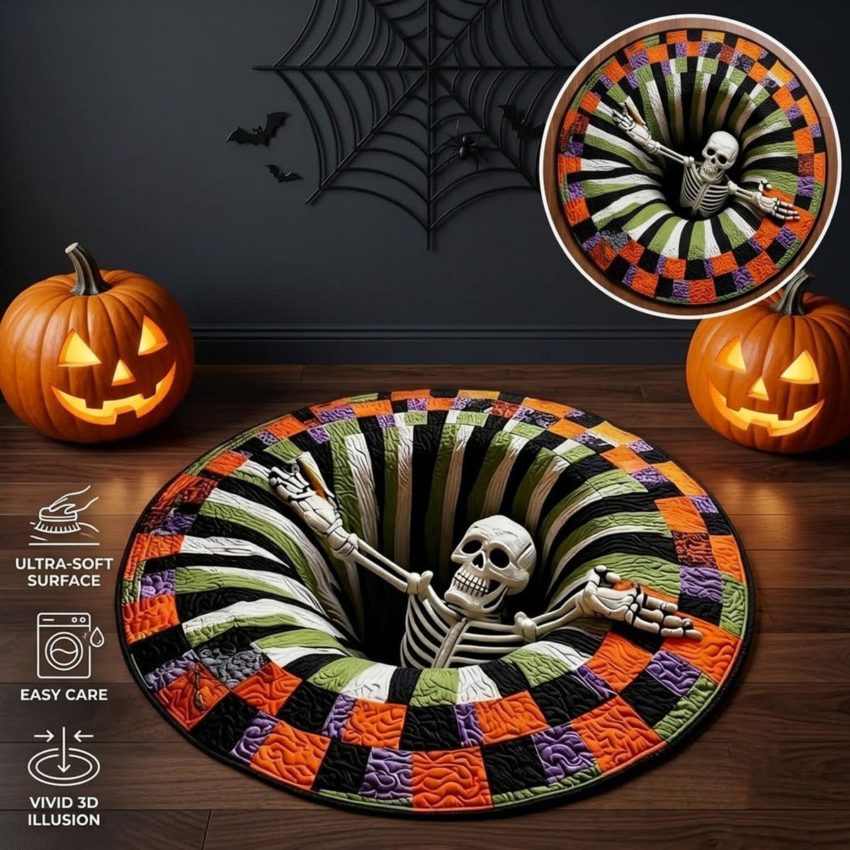 Halloween Round Rug 3D Skeleton Vortex Quilted Illusion Mat | Soft non-slip fabric indoor round decor. Perfect for living room, kitchen or bathroom. Features a spooky depth pattern