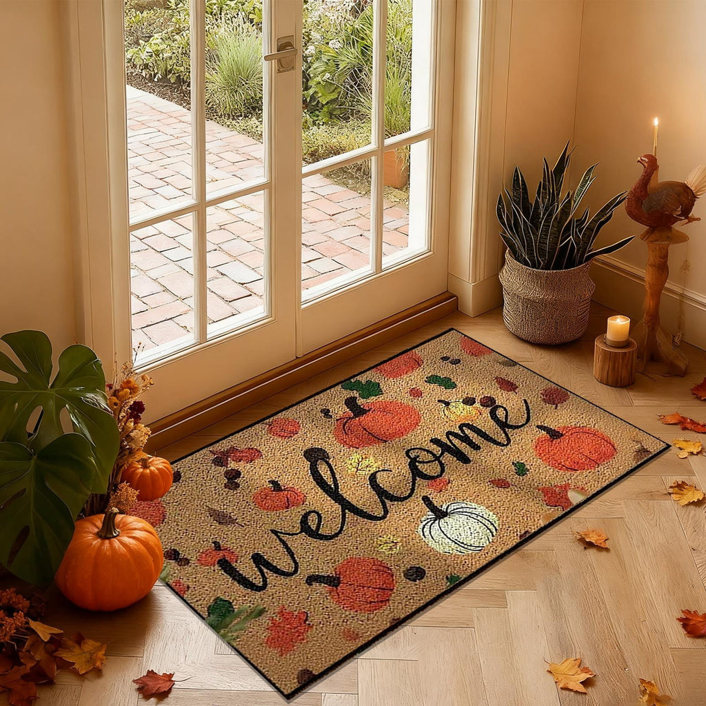 sruoe Fall Door Mat, Fade-Resistant Non-Slip Absorbent Halloween Decor, Happy Halloween Door Mat for Outdoor with Low-Profile, Front Porch Garden Entryway, Durable Easy Clean
