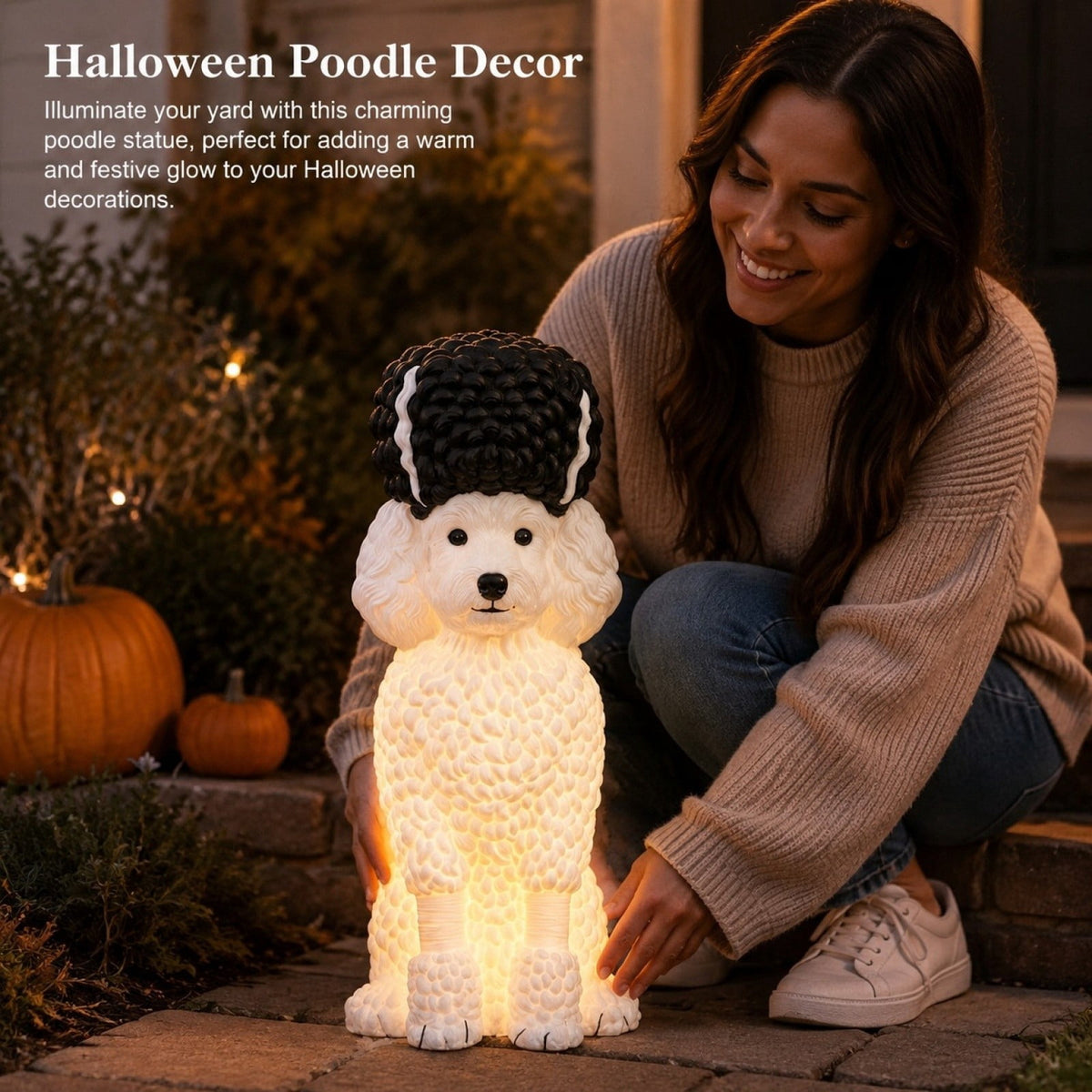 Clearance! Halloween Light‑Up Dog Figurine, 7.9in Scarecrow Dog Statue with Glowing Pumpkin, Waterproof Resin Table Yard Decor