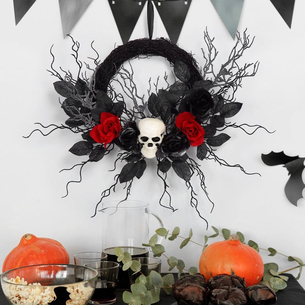Adeeing Halloween Wreath 20 Inch Artificial Halloween Skull Wreath Decoration with Roses, Branches for Front Door Home Door Wall