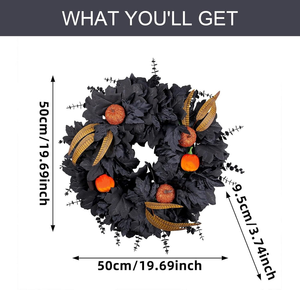 Halloween Wreath for Front Door, 20 Inch Black Maple Leaf Wreaths with Light, Pumpkin, Halloween Atmosphere Haunted House Decor, for Indoor,Outdoor,Wall Window,Porch,Farmhouse,Home,Party Decoration