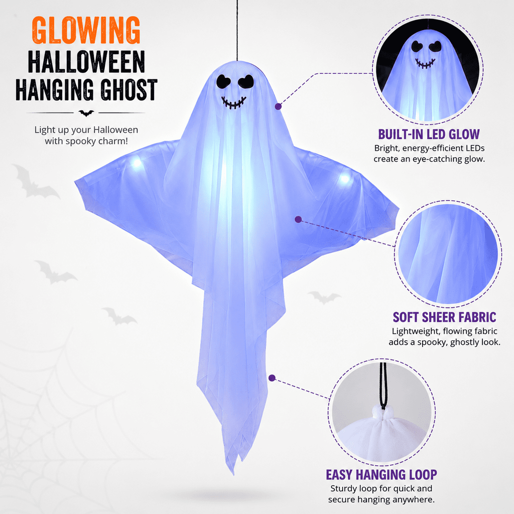 Clearance Light Up Hanging Ghost Decor, White Gauze Ghost Ornament with Blue LED Lights, Halloween Hanging Decoration for Front Door Porch Yard Tree Party Indoor Outdoor