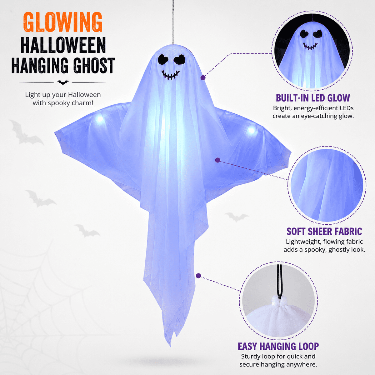 Clearance Light Up Hanging Ghost Decor, White Gauze Ghost Ornament with Blue LED Lights, Halloween Hanging Decoration for Front Door Porch Yard Tree Party Indoor Outdoor