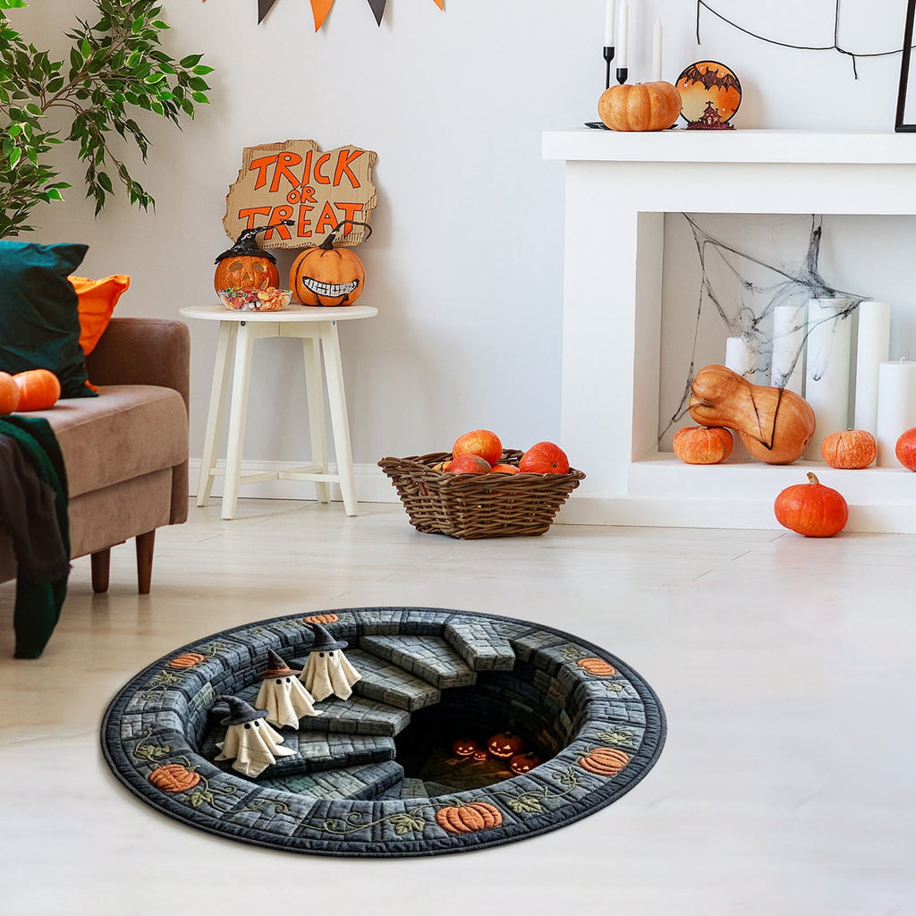 3D Optical Illusion Halloween Round Rug – Spooky Ghost Pumpkin Design, Non Slip Rubber Backing Doormat for Entryway Bedroom, Machine Washable Floor Mat Home Decor