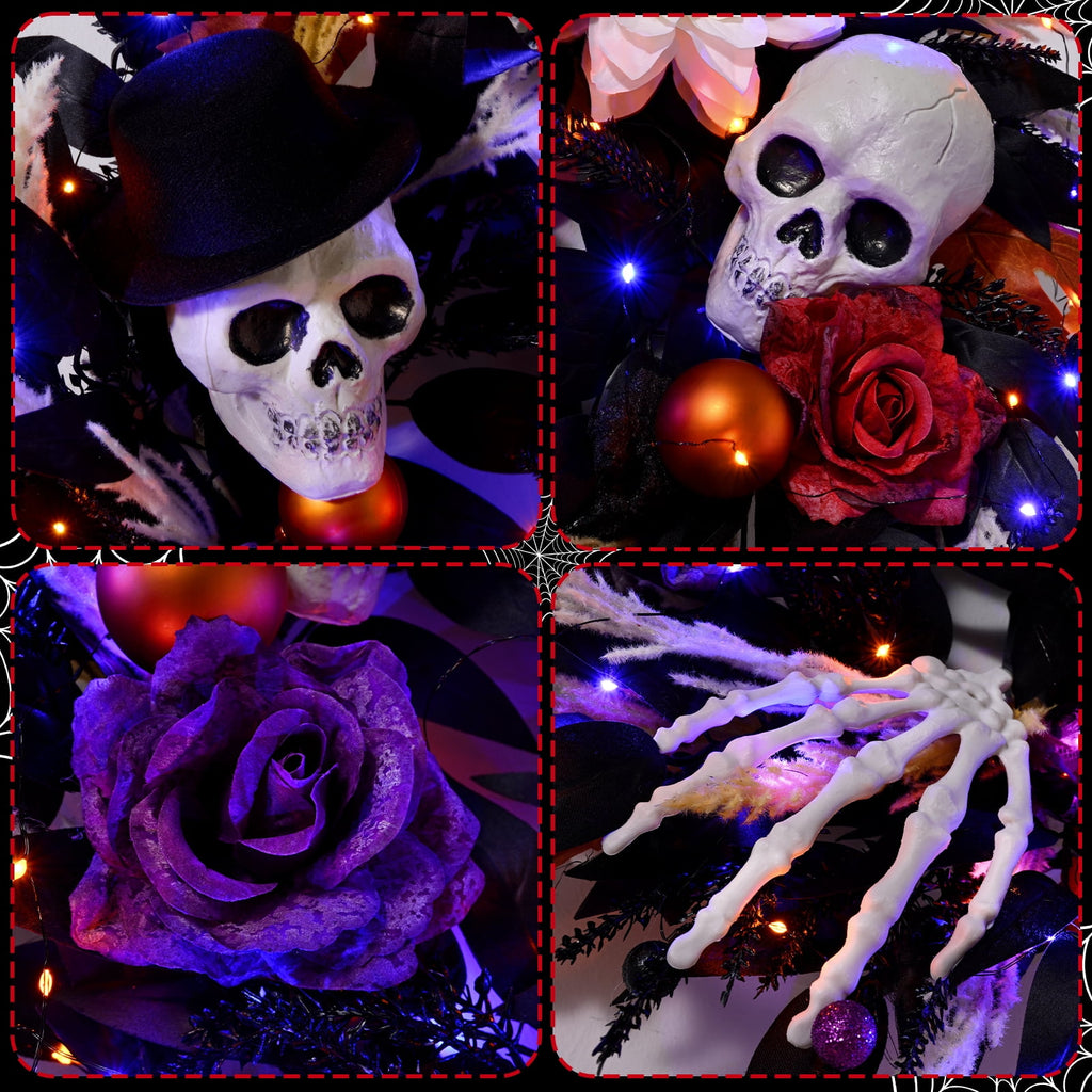 Lyacmy Halloween Wreath for Front Door Halloween Skeleton Decorations, Wreath with Skull Maple Leaves for Window Indoor Outside Home Party Decor
