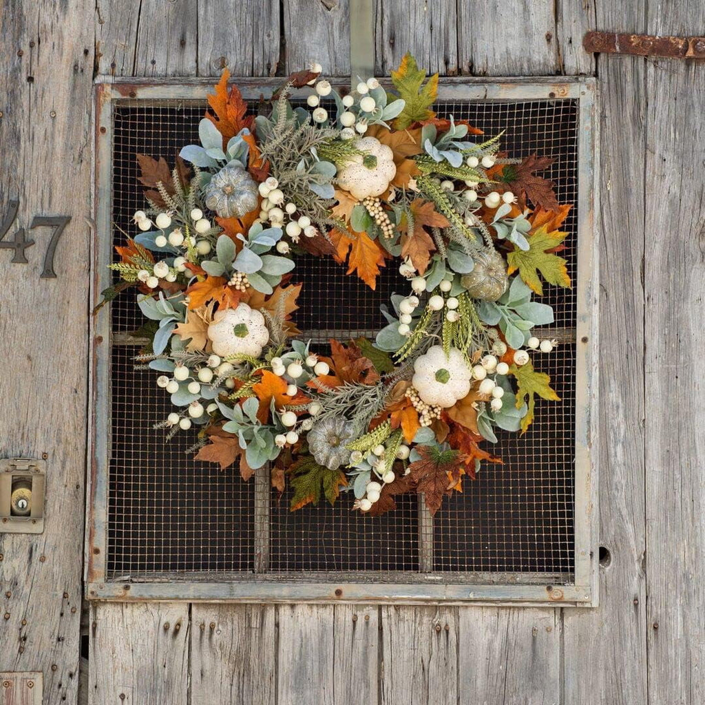 KOMI 2024 Fall Peony and Pumpkin Wreath for Front Door - Year Round Durable Farmhouse Wreath with Maple Leaves, Berries, Pinecones, and Pumpkins for Thanksgiving, Halloween, and Seasonal Home Decor