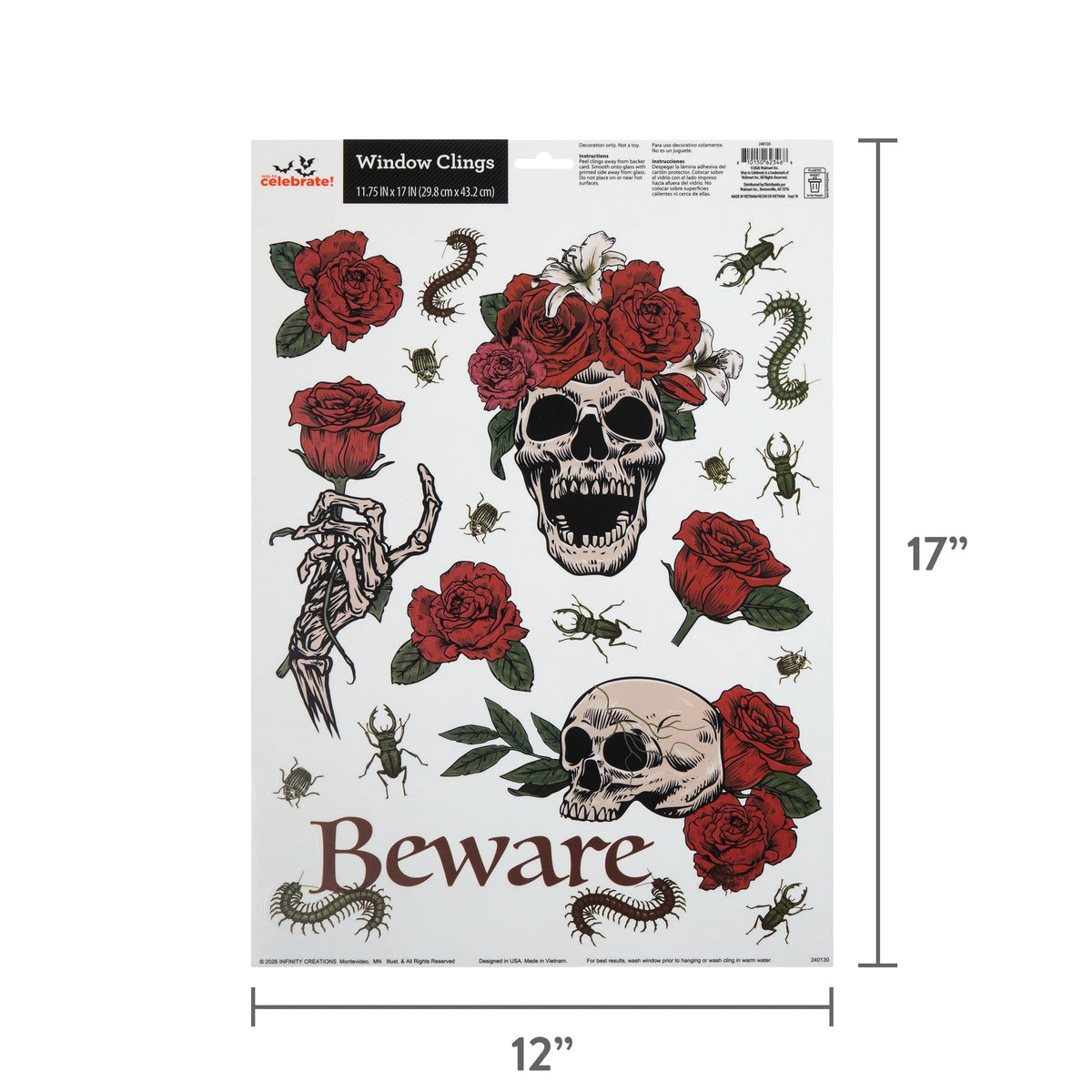 Skulls and Roses Window Clings, Multicolor, 11.75" x 17", Halloween by Way To Celebrate